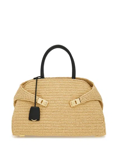 Ferragamo Medium The Hug Raffia Tote Bag In Neutrals