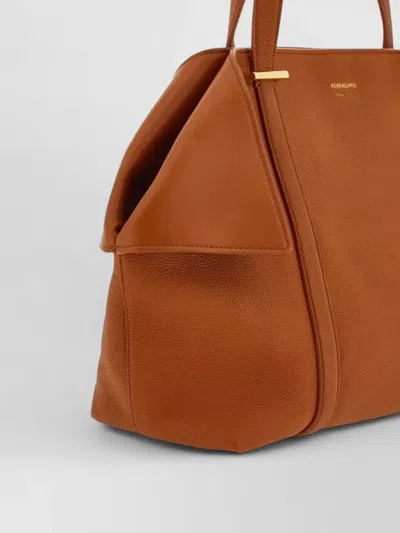 Ferragamo Medium Tote Bag Gold Tone Hardware Top Handles In Brown