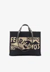 Ferragamo Black Tote Bag With Lucio Venna Logo Print In Fabric In Black