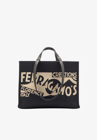Ferragamo Medium Tt Sign Denim Tote Bag In Black