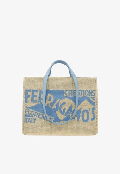 Ferragamo Medium Tt Sign Woven Raffia Tote Bag In Natural