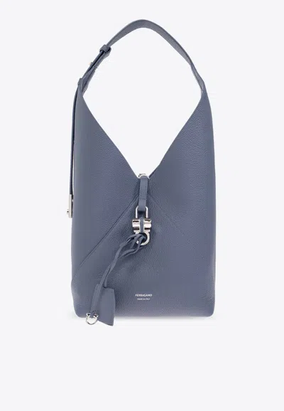 Ferragamo Medium V-shaped Hammered Leather Shoulder Bag In Blue