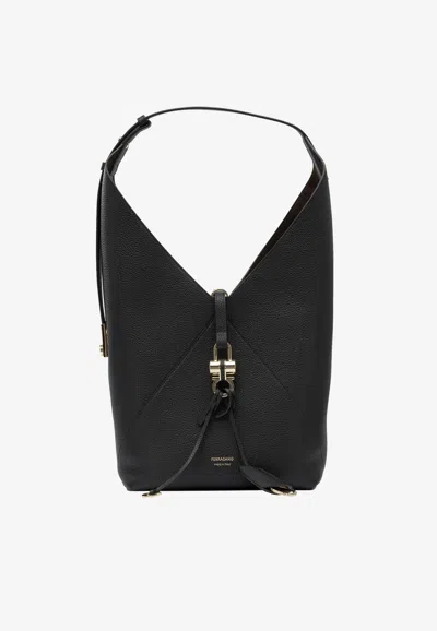 Ferragamo Medium V-shaped Leather Hobo Bag In Black
