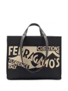 Ferragamo Black Tote Bag With Lucio Venna Logo Print In Fabric In Black