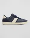 Ferragamo Panelled Calf Leather Sneakers With Contrasting Heel In Blue Marin