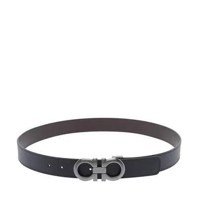 Ferragamo Men Adjustable And Reversible Double Gancini Belt In Black