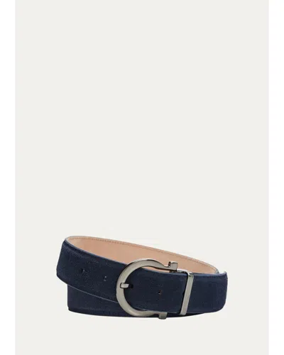 Ferragamo Men's Adjustable Gancini Belt In New Navy