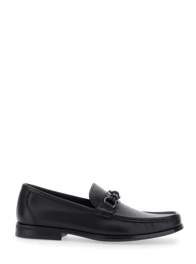 Ferragamo 'alain' Black Loafers With Almond Toe And Gancini On The Front In Leather Man