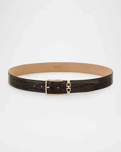Ferragamo Men & Apos;s Gancini Alligator Leather Belt In Brown