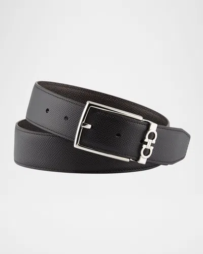 Ferragamo Men & Apos;s Reversible Textured Leather Belt With Classic Buckle In Black