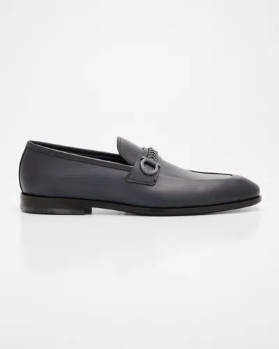 FERRAGAMO MEN'S ANTIGUA LEATHER WOVEN-STRAP GANCIO LOAFERS