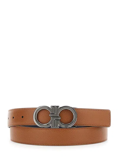 Ferragamo Men Beige Reversible Belt With Gancini Buckle In Hammered Leather Man In Brown