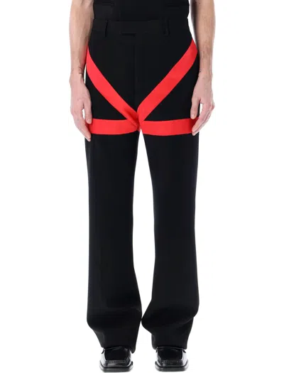 Ferragamo Men's Black And Red Wool Tailored Pants With Inlays For Ss23