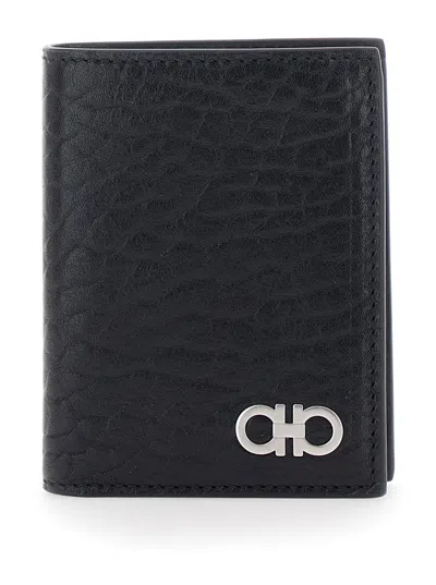 Ferragamo Men Black Bi-fold Wallet With Gancini Plaque On The Front In Leather Man