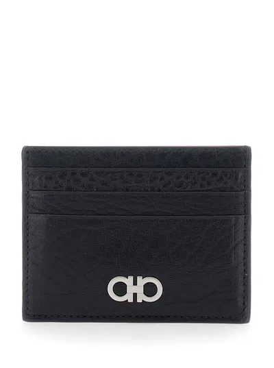 Ferragamo Men Black Card Holder With Gancini Plaque On The Front In Leather Man