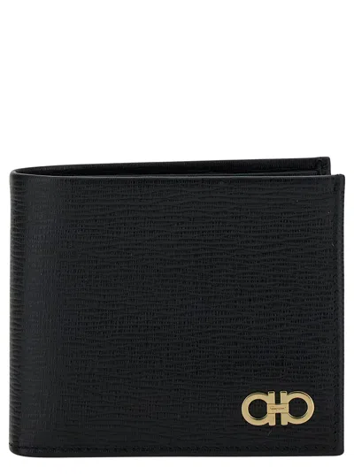 Ferragamo Men Black Gancini Bi-fold Wallet In Leather Man In Brown