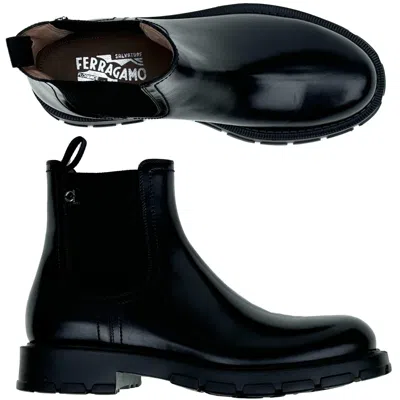 Pre-owned Ferragamo Men's Black Leather Formal Chelsea Ankle Gancini Boots Dress Casual