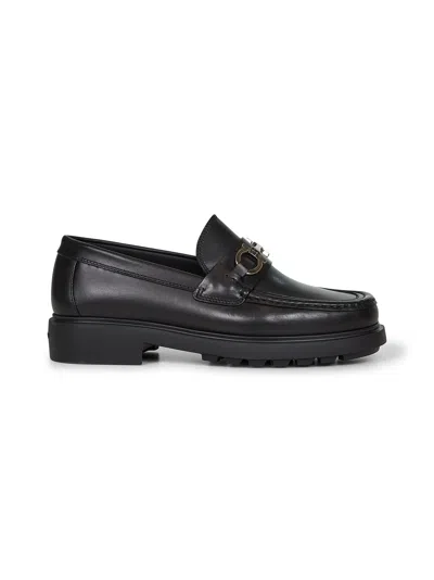 Ferragamo Men Black Leather Loafers With Gancini Ornament