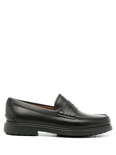 Ferragamo Men's Black Leather Loafers With Penny Slot And Branded Insole