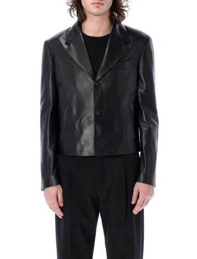 Ferragamo Men's Black Leather Slim Fit Blazer For Ss23