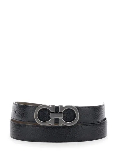 Ferragamo Men Black Reversible Belt With Gancini Buckle In Hammered Leather Man