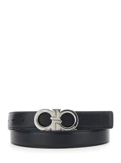 Ferragamo Men Black Reversible Belt With Gancini Buckle In Hammered Leather Man