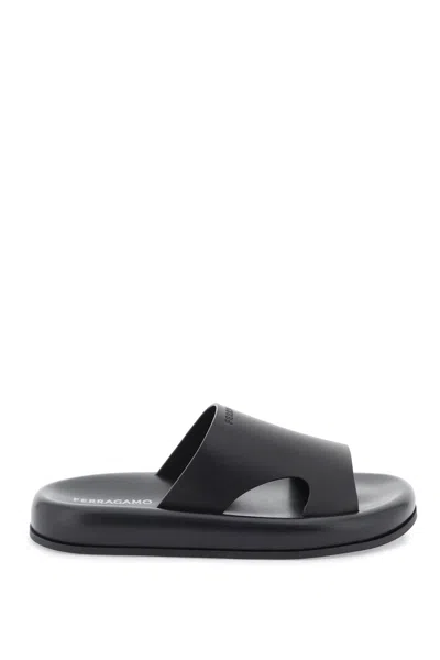 Ferragamo Logo-debossed Calf-leather Sandals In Black