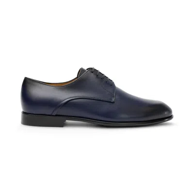 Ferragamo Polished Leather Derby Shoes In Blue