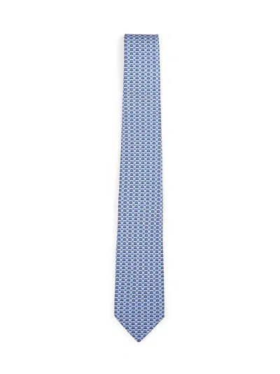 Ferragamo Men Blue Silk Tie With Two-tone Gancini Print