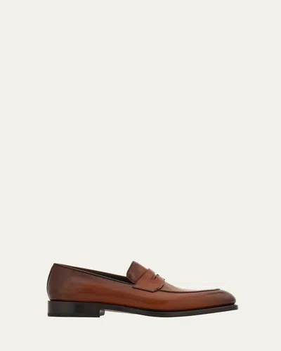 Ferragamo Men's Brandy Tramezza Leather Penny Loafers In Brown