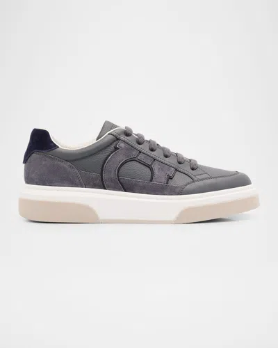 Ferragamo Men's Cassina Gan2 Leather And Suede Low-top Sneakers In Blue