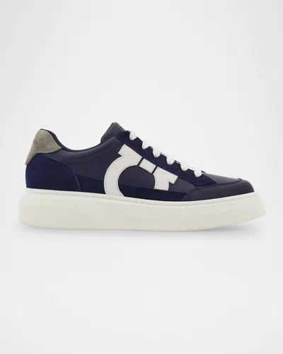 Ferragamo Men's Cassina Gancio Low-top Sneakers In Midnight