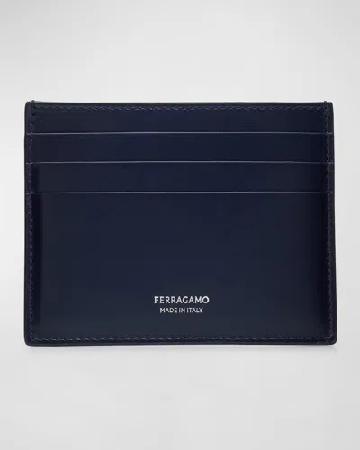 Ferragamo Men's Classic Hammered Leather Card Holder In Blue