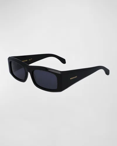 Ferragamo Men's Classic Logo Acetate Rectangle Sunglasses, 57mm In Black