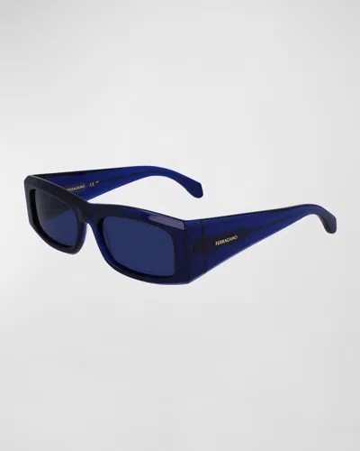 Ferragamo Men's Classic Logo Acetate Rectangle Sunglasses, 57mm In Blue