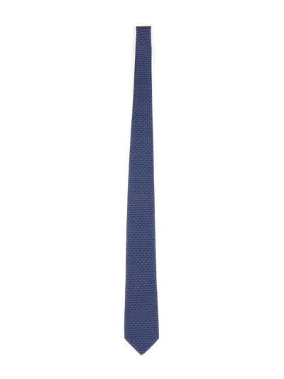 Ferragamo Logo Print Geometric Pattern Slim Tie In Blue