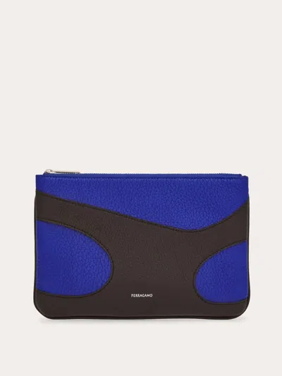 Ferragamo Men's Cut-out Detail Leather Pouch Phone Case In Brown Blue In Multi