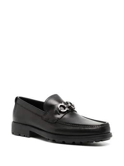 Pre-owned Ferragamo Men's David Double Gancini Thick Lug Leather Loafers 9 9.5 10d In Black