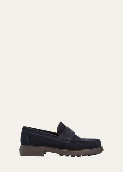 Ferragamo Men's Donny Lug-sole Suede Penny Loafers In Midnight