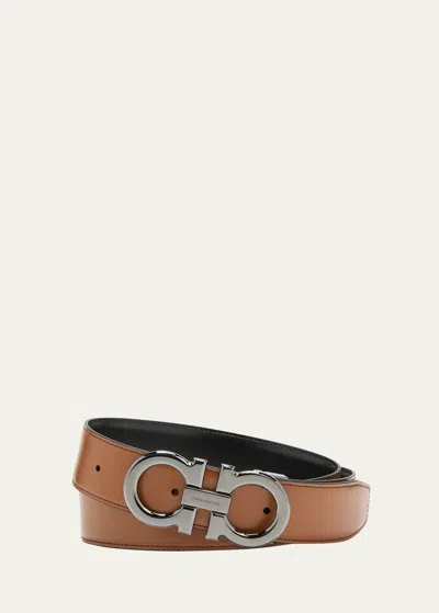 Ferragamo Men's Double Adjustable Leather Gancini Belt In New Vicuna Nero