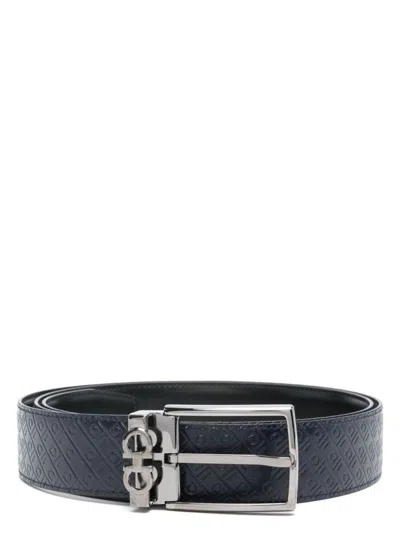 FERRAGAMO MEN'S DOUBLE GANCINI LOGO-DEBOSSED LEATHER BELT