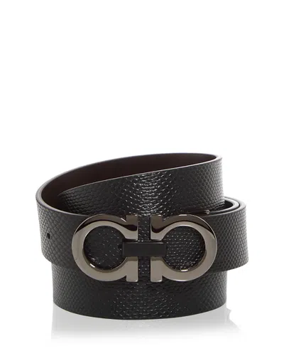 Ferragamo Men's Double Gancini Reversible Leather Belt In Nero