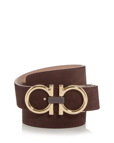 Ferragamo Men's Double Gancini Suede Belt In Brown
