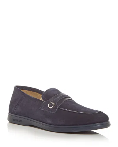Ferragamo Men's Drame Suede Gancini Loafers In Navy