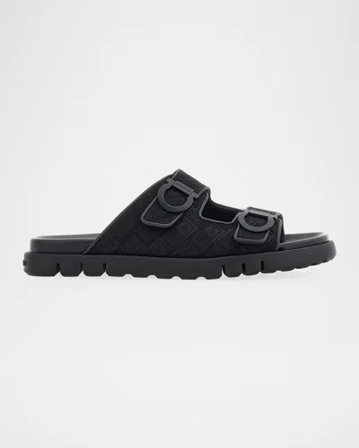 Ferragamo Gancini-jacquard Sandals In Nero/logo