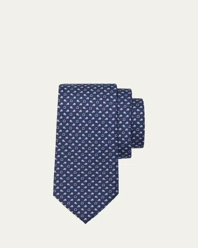 Ferragamo Men's Elephant And Gancini-print Silk Tie In Blue