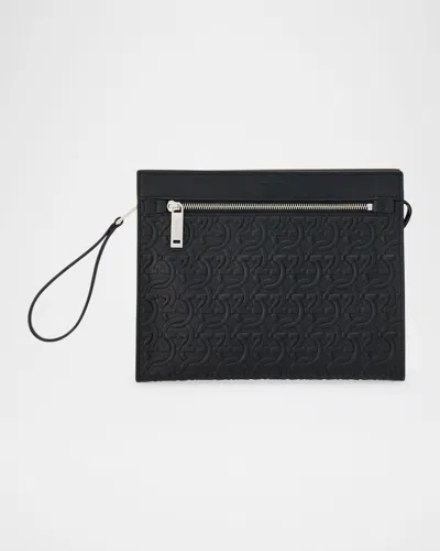 Ferragamo Men's Embossed Leather Travel Pouch In Nero