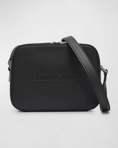 Ferragamo Men's Embossed Logo Leather Crossbody Bag In Black