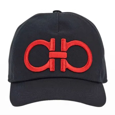 Ferragamo Men's Embroidered Double Gancio Baseball Cap In Black/red