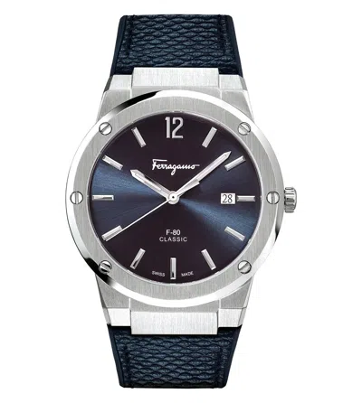 Pre-owned Ferragamo Men's F-80 Sfdt00719 Watch Classic Blue Leather Strap Blue Dial 42mm